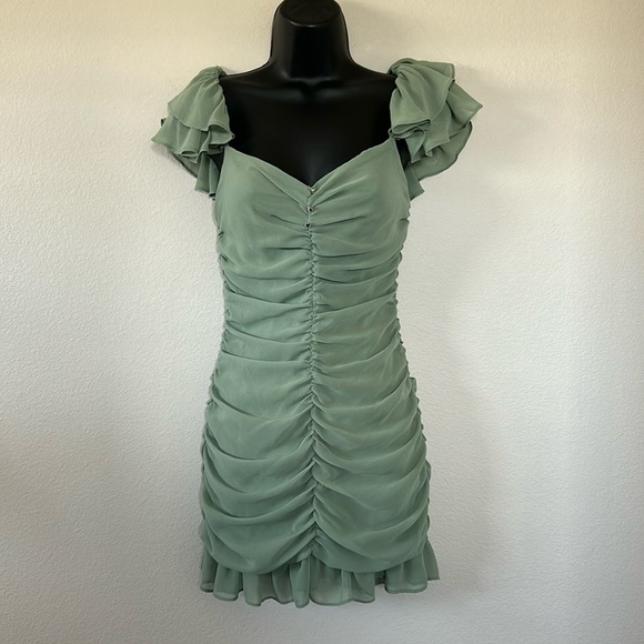Zara Ruffled Ruched Flutter Off the Shoulder Mini Dress in Sage Light Green - Picture 5 of 15